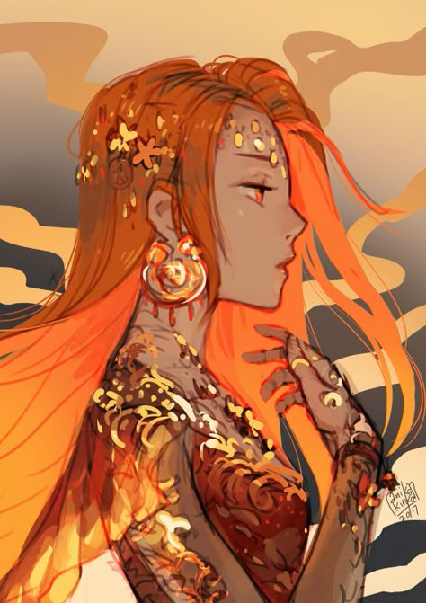 Fire Themed Character, Fire Aasimar, Sunset Character Design, Fire Person Art, Fire Based Character Design, Fire Oc Art, Fire People Art, Fire Elemental Art, Female Fire Elemental