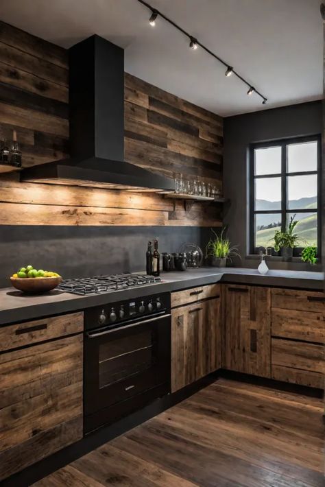 A cozy farmhousestyle kitchen with a backsplash of reclaimed wood panels in Wood Backsplash Kitchen Diy, Diy Kitchen Decor Ideas, Wood Kitchen Backsplash, Accent Wall In Kitchen, Diy Kitchen Backsplash, Unique Backsplash, Wood Backsplash, Diy Backsplash, Easy Diy Decor