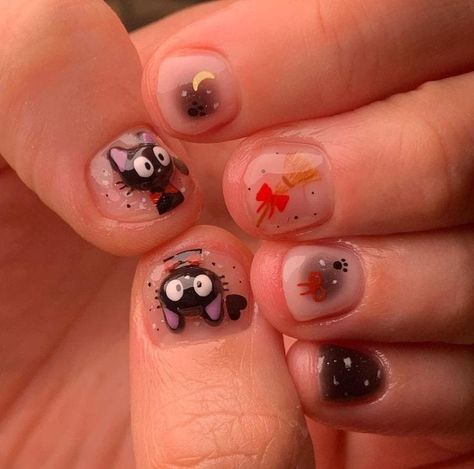 Short Simple Nails Gel, Short Studio Ghibli Nails, Ghibli Nail Designs, Ghibli Inspired Nails, Ponyo Nails Studio Ghibli, Short Cool Nails, Kiki's Delivery Service Nails, Nail Art Designs 2024, Ghibli Makeup