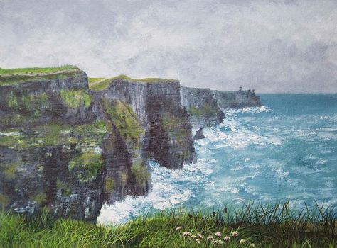 Painting Cliffs Acrylic, Cliffs Watercolor, Seashore Paintings, Beach Cliff Painting, Seaside Cliff Painting, Cliffs Of Moher, Impressionist Landscape, Sea Painting, Ocean Painting