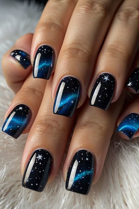 8 Beautiful Starry Night Nail Ideas for Summer - Wahyu Guritno's Blog Night Sky Nails, Nail Ideas For Summer, Night Nails, Star Nail Designs, Fingernail Art, Cat Eye Nails Polish, Nail Art Designs Images, August Nails, Teal Nails