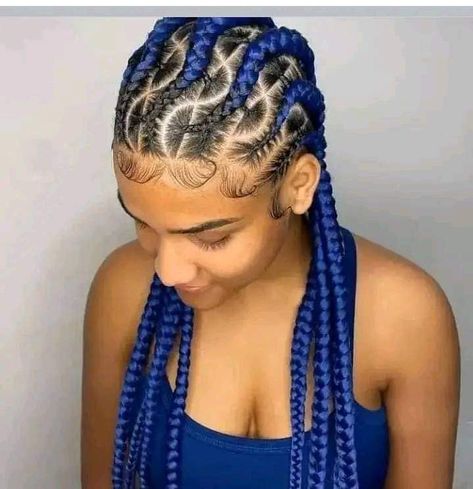 Blue Feed In Braids, Blue Cornrows, Blue Hair Braids, Plats Hairstyles, Blue Braids, Ghana Braid Styles, Half Cornrows, Baddie Hair, Haute Hair