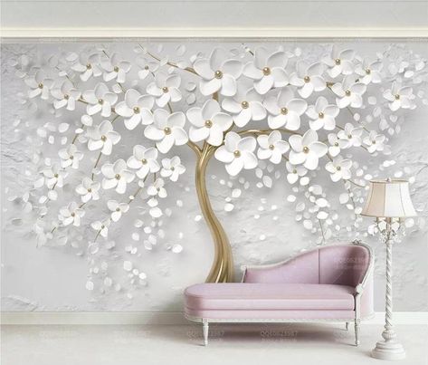 Custom Wallpaper 3D Embossed White Flowers Tree Wallpaper Wall | Etsy White Flowering Trees, Wallpaper For Home Wall, Geometric Wallpaper Design, Room Murals, Wall Painting Living Room, Living Room Murals, Art Ideas Easy, Tree Wall Murals, Normal Wallpaper