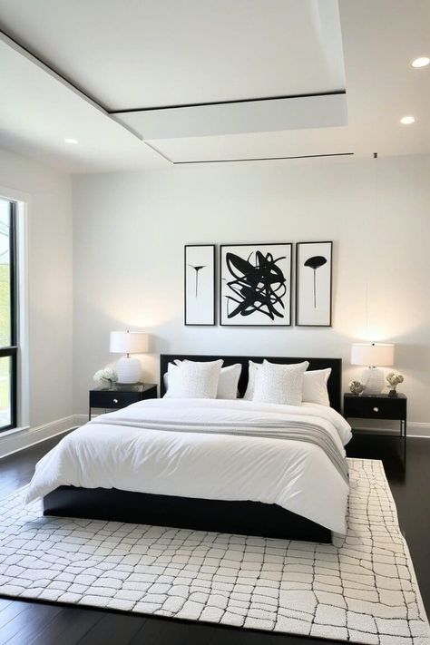 15 Stunning Black and White Bedroom Ideas to Transform Your Space Black White Bedrooms Modern, Black White And Grey Bedroom Ideas Simple, Black Theme Room Ideas, White With Black Accents Bedroom, Bedding Ideas Black And White, Master Bedrooms Decor Black And White, Black Bed White Furniture, Black And White Master Bedrooms Decor, Black Bed Frame Room Ideas