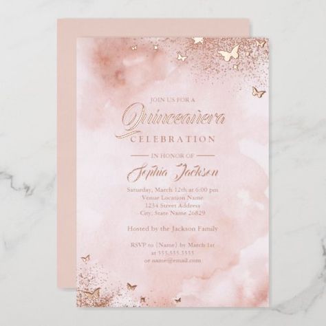 $3.95 | ROSE GOLD FOIL Pink Peach Butterfly Quinceanera - real foil, foil, watercolor, rose gold, blush, pink, quinceanera, pink quinceanera, rose gold quinceanera, gold Blush Pink Quinceanera, Pink Flowers Invitation, Peach Butterfly, Rose Gold Quinceanera, Quinceañera Invitations, Color Durazno, Quinceanera Pink, Butterfly Invitations, Rose Gold Invitations