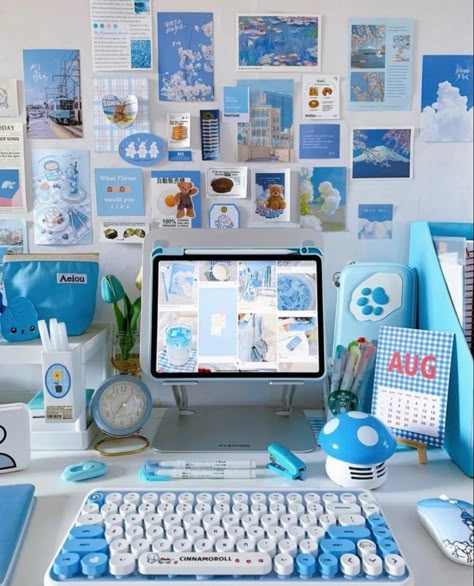 Teen Study Area, Blue Desk Aesthetic, Blue Study Aesthetic, Ipad Inspiration, Bedroom Planning, White Desk Setup, Light Blue Rooms, Kid Wallpaper, Bill Cypher