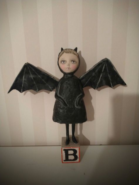 Halloween Bat girl- handmade art doll- Halloween art - folk art- witch doll Folk Art Doll, Bat Girl, Art Witch, Halloween Folk Art, Clay Things, Doll Halloween, Folk Art Dolls, Witch Doll, Halloween Bat