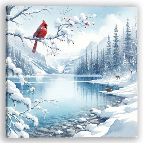 Winter Scene Paintings, Winter Wildlife, Cardinal Painting, Whispering Pines, Winter Retreat, Winter Landscape Painting, Christmas Cardinals, Winter Painting, Acrylic Painting For Beginners