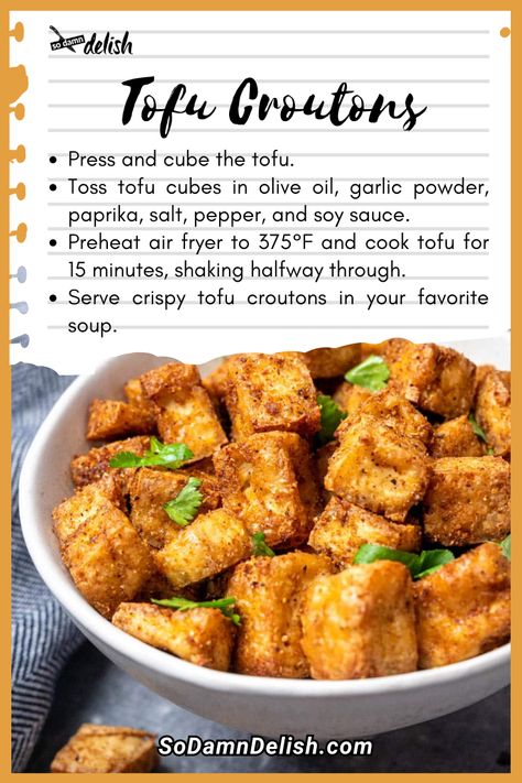 Make crispy tofu croutons for soup air fryer! This recipe by So Damn Delish, creates the perfect crunchy topping to elevate any soup with flavor and texture. Crispy Tofu Recipes, Tofu Croutons, Apple Cider Vinegar Detox Drink, Tofu Stir Fry, Crispy Tofu, Fried Tofu, Bean Curd, Gf Recipes, Tofu Recipes