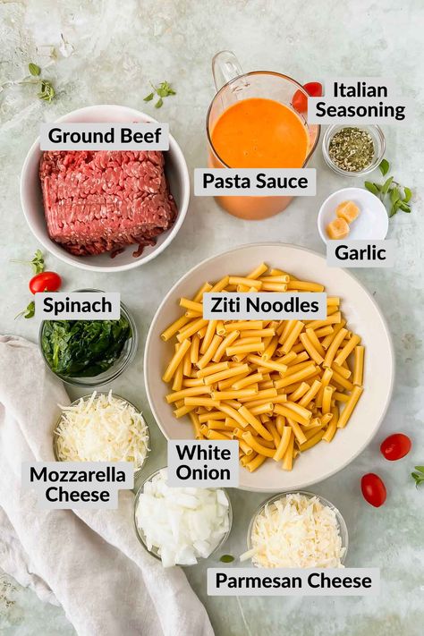 Healthy Baked Ziti, Pasta Varieties, Ziti Pasta, Ground Beef Pasta, Ziti Recipes, Freezer Friendly Meals, Garlic Spinach, Cheese Baked, Beef Pasta