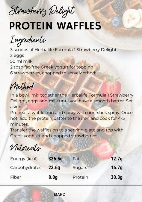 Herbalife Waffles Recipes, Herbalife Waffles, Herbalife Shake Recipes, Waffle Ingredients, Salted Caramel Cheesecake, Protein Waffles, Sugar Free Treats, Strawberry Delight, Bariatric Eating