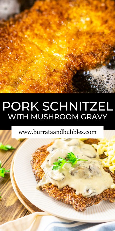 Whether you're celebrating Oktoberfest or just looking for some serious comfort food, you'll love this beer-brined schnitzel with creamy mushroom gravy! Ultra moist, tender and flavorful, this German schnitzel is coated with panko breadcrumbs to make a perfectly crisp coating while the creamy mushroom gravy adds a decadent finishing touch. Pork Schnitzel Gravy, Pork Schnitzel Recipe Mushroom Sauce, Pork Cutlets With Mushroom Gravy, Beef Schnitzel Recipes, Pork Schnitzel Recipe Gravy, Schnitzel Gravy, Pork Snitzel, Germany Recipes, Pork Schnitzel Recipe