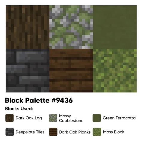 Minecraft House Ideas Cobblestone, Dark Oak Pallet Minecraft, Dark Academia Minecraft Block Palette, Minecraft Green Color Palette, Minecraft Pallete Blocks, Minecraft Pallets Ideas, Minecraft Block Palette Birch, Minecraft Green Block Palette, Best Minecraft Block Combinations