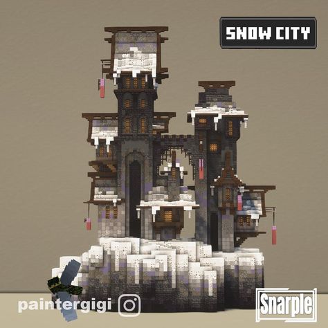 Paintergigi-Minecraft Builder on Instagram: “Snow city! This build turned out to be a challenge for us and took much longer than we had originally planned. We hope you like it and get…” Minecraft Snow Base Ideas, Minecraft Snow Mountain House, Minecraft Building Challenge, Snow Minecraft Builds, Mountain Builds Minecraft, Snow Builds Minecraft, Snow Base Minecraft, Snowy Minecraft Builds, Snow Town Minecraft