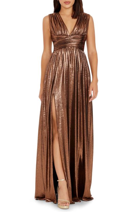 Metallic Draped Asymmetric Sheath … curated on LTK Bronze Bridesmaid Dresses, Metallic Bridesmaid Dresses, Metallic Gown, Bronze Dress, Neutral Bridesmaid Dresses, Midi Wedding Dress, Gold Maxi Dress, Sleeveless Gown, Long Sleeve Gown