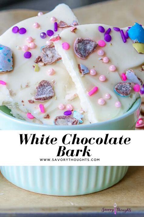 This White Chocolate Bark is a quick Easter treat that is so simple and delicious. A classic recipe our family enjoys every year. Made with your favorite Easter Candy, you’ll love the perfect combination of this candy! #whitechocolatebark #chocolatebark #easterbark #bark #foody #foodspiration #foodreview #holiday #holidaybark #whitechocolate www.savorythoughts.com White Chocolate Bark Recipes, Easter Chocolate Bark, Easter Bark, Cream Cheese Oreo, Easy Easter Recipes, Mouthwatering Desserts, Favorite Holiday Desserts, White Chocolate Bark, Chocolate Bark Recipe