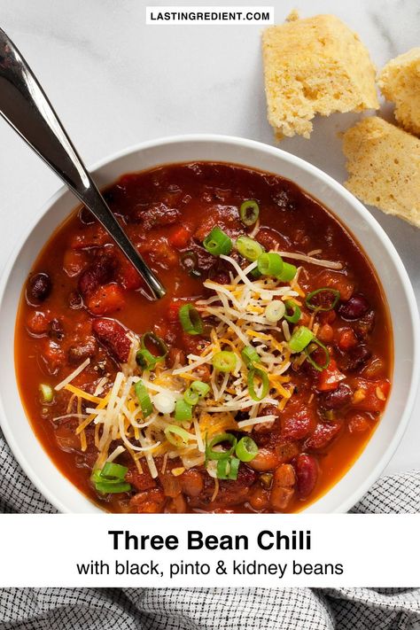 With black beans, pinto beans and kidney beans, this easy three bean chili is seasoned with a mix of dried spices, minced jalapenos and garlic. It’s a great make-ahead recipe for lunch or dinner. You can also make this easy vegetarian chili for game day. Four Bean Chili, Bean Chili Recipe Vegetarian, Bean Chili Vegetarian, Easy Vegetarian Chili, Easy Vegetarian Chili Recipe, Vegetarian Chili Easy, Three Bean Chili, Dried Spices, Recipe For Lunch