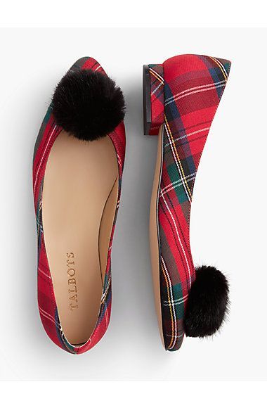 Small Heel Shoes, Plaid Shoes, Plaid Flats, Holiday Shoes, Low Heel Shoes, Faux Fur Pom Pom, Fur Pom Pom, Shoe Obsession, Red Shoes