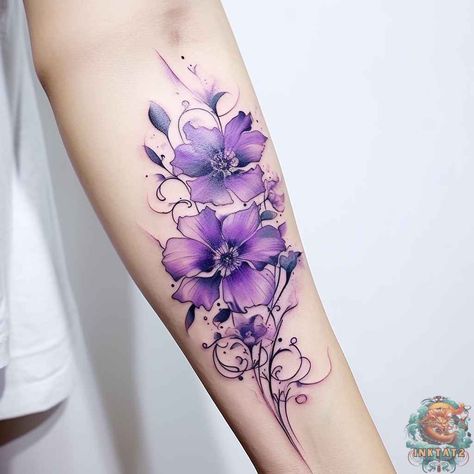 The Fascinating World of Purple Ink Tattoos – 57 Designs - inktat2.com Violet Flower Drawing Tattoo, Black And Purple Tattoos, Purple Flower Tattoos For Women, Purple Tattoos For Women, Purple Ink Tattoos, Purple Floral Tattoo, African Violet Tattoo, Purple Flower Tattoo, Purple Tattoo Ink