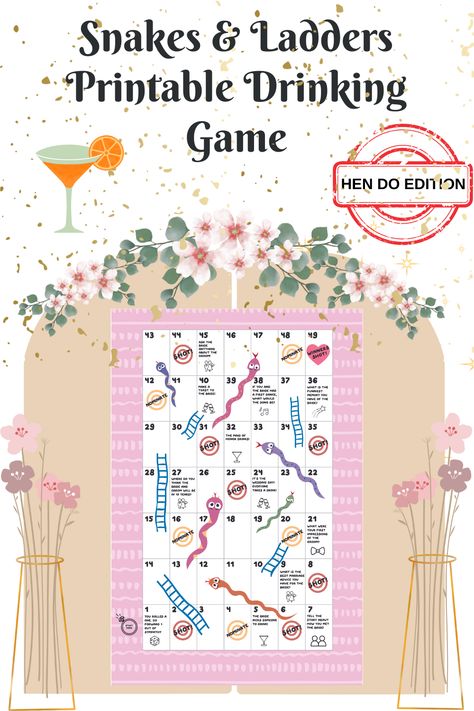 We’ve revolutionised snakes and ladders as you know it, making it a perfect Hen Do party game! The board features the snakes and ladders that we all know and love but now with a hen do themed twist and sneaky shot, nominate and question squares along the way. Gather your mates, as the game is suitable for 2+ players (18+) - basically however many people you can fit around the board! Snakes And Ladders Printable, Drinking Board, Drinking Board Games, Hen Do Party, Snakes And Ladders, Drinking Game, Hen Do, Drinking Games, Party Game