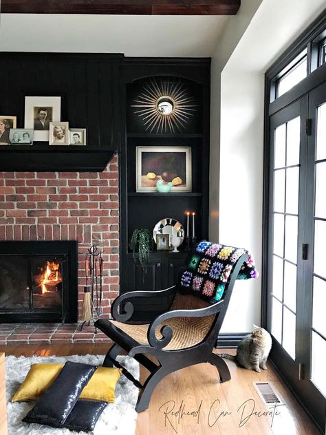 Black Wall Red Brick Fireplace, Black And Brick Fireplace, Black Fireplace Wall, Black Tile Fireplace, Red Brick Fireplace, Slate Fireplace Surround, Black Fireplace Surround, Paint Magic, Painting Brick