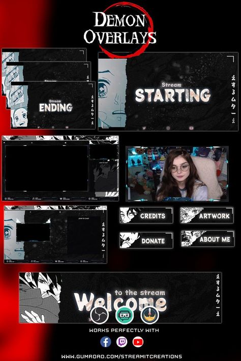 To demon slayer lovers , Get the full package on our shop , you may find some other projects that will suit your vibe . Demon slayer stream overlay pack to brand your stream! Cute stream overlays, with a relaxing red color palette. Inspired from Kimetsu no yaiba! This package contains all overlays you need to upgrade your Twitch channel: Animated Alerts, Screens, Webcam Overlays, Stinger Transitions, Panels & more! Stream Overlay Design, Graphics Overlay, Streamer Overlay, Animated Overlay, Twitch Bits, Stinger Transition, Red Color Palette, Stream Overlay, Red Colour Palette