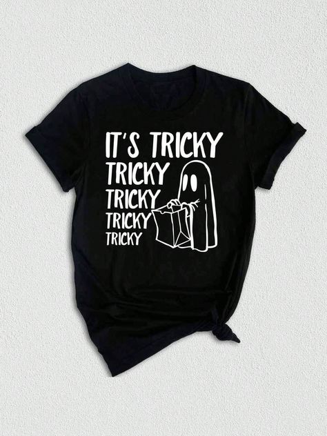 Introducing our It's Tricky Shirt, the perfect addition to your Halloween wardrobe! This cute and spooky tee features a playful design that will surely make heads turn. Whether you're going trick or treating or attending a Halloween party, this shirt is a must-have. With its ghostly Trick or Treat theme, it captures the essence of the holiday in a fun and stylish way. Get ready to show off your Halloween spirit with our It's Tricky Shirt!It's Tricky Shirt, It's Tricky Tee, Trick Or Treat Shirt, Halloween Shirt, Ghost Trick Or Treat Tee, Cute Halloween Top Black Casual  Short Sleeve  Animal,Cartoon,Colorblock,Figure,Geometric,Graphic,Letter,Striped,Plants,Slogan,Textured Pattern    Women Clothing, size features are:Bust: ,Length: ,Sleeve Length: Halloween Hoodies Cricut, Halloween Tshirt Ideas Funny, Mom Halloween Shirt, Funny Halloween Shirts For Women, Halloween T-shirt, Halloween Cricut Shirts, Cricut Shirt Designs, Fall Shirts Svg, Cricut Halloween Shirt