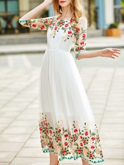 Product name: White Gauze Flowers Embroidered Dress at SHEIN, Category: Day Dresses Flower Embroidered Dress, Chique Outfit, A Line Evening Dress, Saree Design, فستان سهرة, Beauty Dress, Moda Vintage, Embroidery Dress, Embroidered Dress