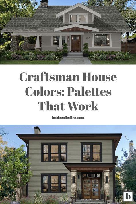 Craftsman House Colors: Palettes That Work | brick&batten Old House New Paint Exterior, Craftsman House Color Palette, Classic Craftsman Exterior Colors, Two Tone Green Exterior House Colors, Green Paint For Exterior House, Craftsman Style Homes Exterior Color Cedar Shakes, Craftsman House Paint Colors Exterior, Grey And Green Exterior House Colors, Earth Toned House Exterior