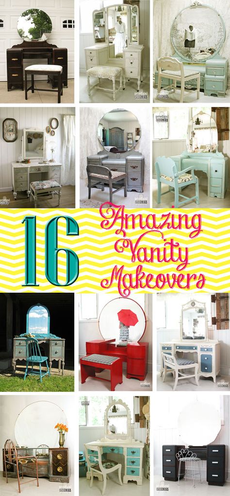 From Art Deco to antique, a fantastic collection of 16 amazing vanity makeovers. Scored from Craigslist, curbside, and thrift shops galore - a must see! Refurbished Vanity, Antique Makeup Vanities, Vanity Redo, Vintage Makeup Vanities, Old Vanity, Vanity Makeover, Diy Makeup Vanity, Painted Vanity, Antique Vanity