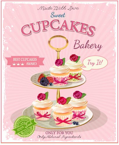 Retro advertising poster cupcakes vector 02 Design Cibo, Cupcake Day, Cupcake Vector, Birthday Sweets, Cupcake Pictures, Vintage Advertising Art, Fondant Cupcake Toppers, Cupcake Bakery, Bakery Decor