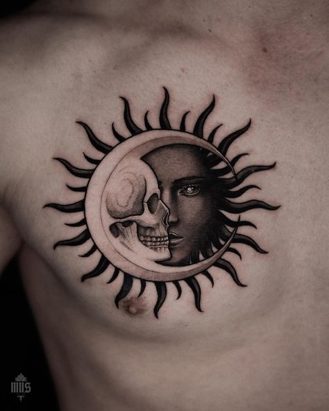 Neo trad black and grey chest tattoo Sun Moon Skull Tattoo, Sun And Moon Skull Tattoo, Sun Moon Tattoo Design, October Tattoos, Rebirth Tattoos, Star Face Tattoo, Tattoo On Face, Japanese Flash, Luna Tattoo