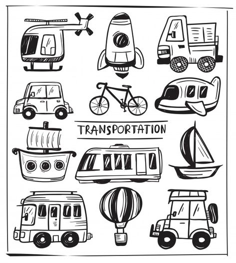 Transportation doodle set Premium Vector Transportation Doodle, Art Atelier, Tourism Day, Ribbon Banner, Holiday Background, Affinity Designer, Happy Travels, Outline Art, Woodland Party