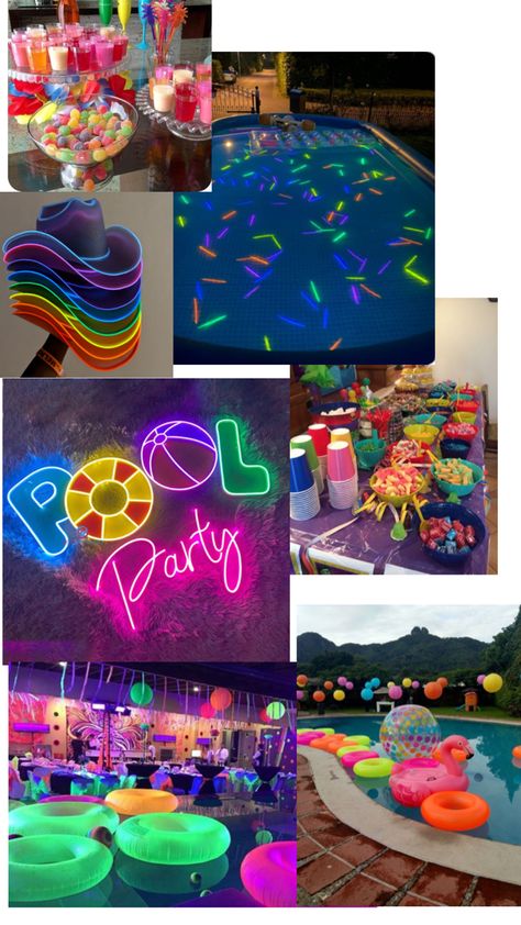 Pool Party Neon, Sweet 16 Pool Parties, Neon Pool Parties, 14th Birthday Party Ideas, Pool Party Ideas, Glow In Dark Party, Neon Birthday Party, Sweet Sixteen Birthday Party Ideas, Pool Party Themes