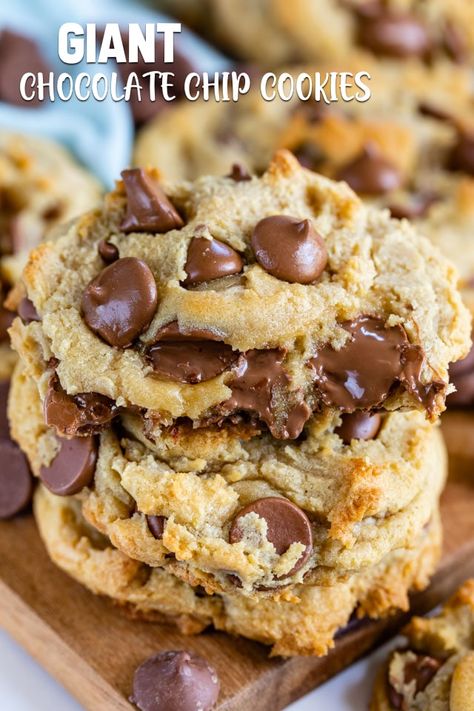 Want a GIANT Chocolate Chip Cookie Recipe? These are mega cookies! They're huge and pillowy soft and gooey with melty chocolate chips. Giant Chocolate Chip Cookies, Big Chocolate Chip Cookies, Giant Cookies, Giant Chocolate Chip Cookie, Crazy For Crust, Levain Bakery, Gooey Cookies, Big Chocolate, Giant Chocolate