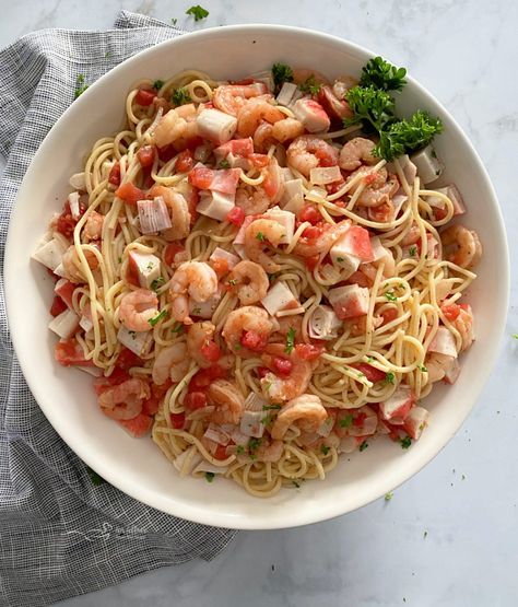 Shrimp and Crab Pasta Shrimp And Crab Pasta, Crab Pasta Recipes, Pasta Calories, Shrimp Pasta Salad, Seafood Salad Pasta, Salads Recipes For Dinner, Crab Pasta, Crab Meat Recipes, Tomato Cucumber Salad