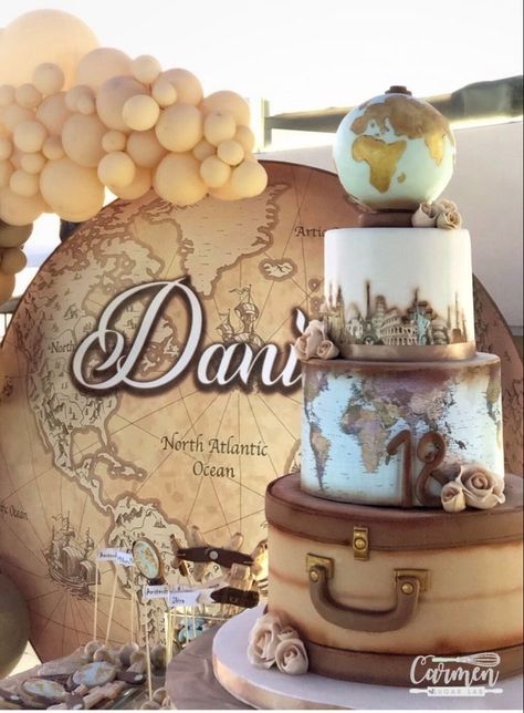 Vintage Travel Wedding Cake, Travel Themed Cakes, Travel Baby Shower Cake, Travel Theme Cake, Travel Theme Party Decorations, Adventure Party Theme, Travel Wedding Cake, Vintage Travel Wedding, Travel Bridal Showers