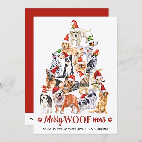 Merry Woofmas Dog Lover Christmas Tree Dogs Holiday Card Send christmas greetings this holiday season with this cute Christmas tree dogs in a watercolor design. This dog lover holiday card features dogs of variety of breeds in santa hats. Personalize with family name. This dog christmas card is perfect for dog lovers, pet business, veterinarians, veterinary christmas cares, pet care, dog groomers, and pet sitters. Visit our collection for matching christmas cards, home decor, and gifts. Christmas Tree And Dogs, Folded Christmas Cards, Dog Holiday Cards, Pet Christmas Cards, Merry Woofmas, Business Christmas Cards, Dog Christmas Card, Business Holiday Cards, Business Christmas