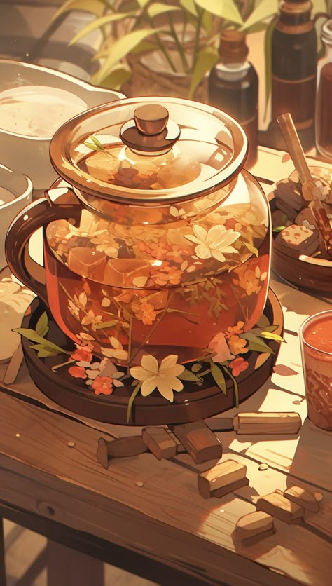 Aesthetic Tea Drawing, Anime Tea Aesthetic, Kitchen Digital Art, Comfort Art Illustrations, Tea Art Aesthetic, Fantasy Kitchen Art, Cute Witchy Aesthetic, Food Artwork Painting, Tea Wallpaper Aesthetic