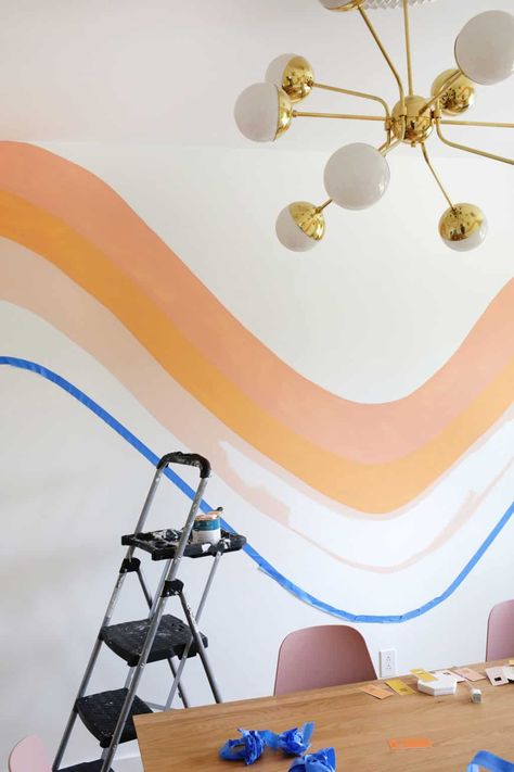 Striped Wave Wallpaper DIY! Stripe Across Wall, Color Stripes Wall, Striped Room Paint, How To Paint Waves On A Wall, 70s Wavy Wall Art, Foyer Wall Painting Ideas, Retro Wall Mural Diy, Easy Diy Wall Mural, Retro Stripe Wall