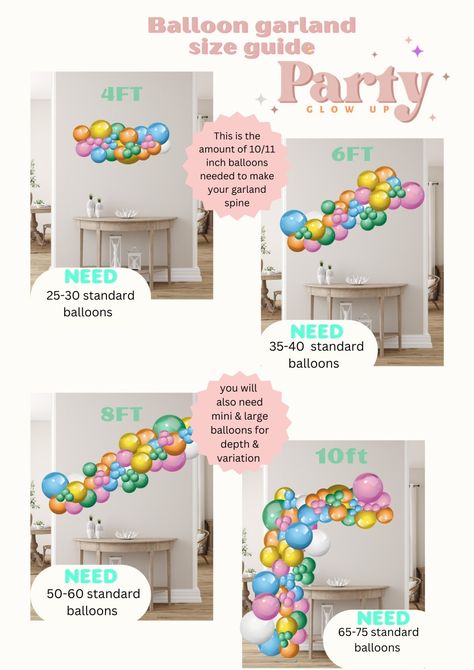 How To Price Balloon Garland, 4 Ft Balloon Garland, Number Of Balloons For Garland, 10ft Balloon Garland, Balloon Arch Size Chart, Balloon Garland Template, Fun Balloon Garland, Business Balloon Garland, How Many Balloons Needed For Garland