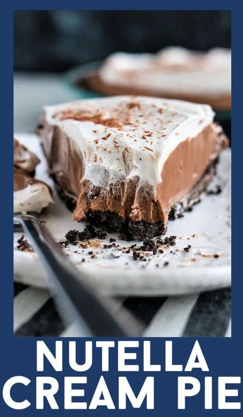 This no-bake pie is made with Nutella, cream cheese, and whipped topping and then filled in an Oreo pie crust. #recipe #nutella #oreo #cream #nobake #pie #creamcheese #easy Oreo Pie Crust Recipe, Nutella Cream Cheese, Nutella Pie, Oreo Pie Crust, Nutella Cream, Fabulous Desserts, Oreo Pie, Awesome Desserts, Oreo Cream