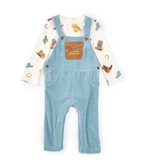 From Baby Starters, this 2-piece set features:Overalls:Corduroy overallsSquare necklineSleevelessButton-closure shoulder strapsButton-side closures"Little Cowboy" embroidery on the front pocketTwo side pocketsSnap-leg closures to make changing easyBodysuit:Long sleeve knit bodysuit in a Western ranch print Crew necklineRibbed bindingSnap-closures on one shoulderSnap-leg closures to make changing easyCare:Bodysuit of cotton&#04 Overalls Long Sleeve, Cowboy Embroidery, Corduroy Overalls, Little Cowboy, Knit Bodysuit, Baby Outfit, Boy Clothes, Baby Sets, Long Sleeve Knit