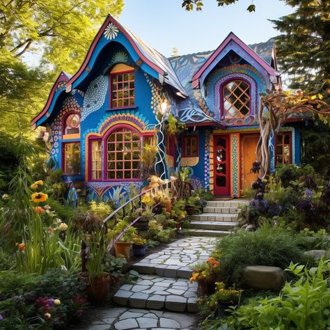 Eclectic Curb Appeal, Wacky House Exterior, Quirky Exterior House Colors, Hippy House Exterior, Forest Cottage Exterior, Hippie House Exterior, Hippy House, Woodland Home Decor, Hippie House