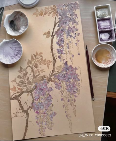 Painting Ideas On Paper Watercolour, Pen Over Watercolor, Art Landscapes Painting, Wisteria Painting, Paint Art Ideas, Piskel Art, Pens And Markers, Collage Materials, 동화 삽화