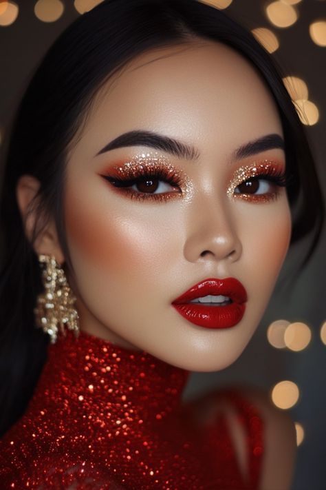 Red Makeup Looks Christmas, Formal Makeup Looks Red Lip, Smokey Eye Makeup With Red Lips, Red Lipstick Christmas Makeup, Christmas Makeup Editorial, Christmas Picture Makeup, 2024 Christmas Makeup, Elegant Christmas Makeup Looks, Red Party Makeup