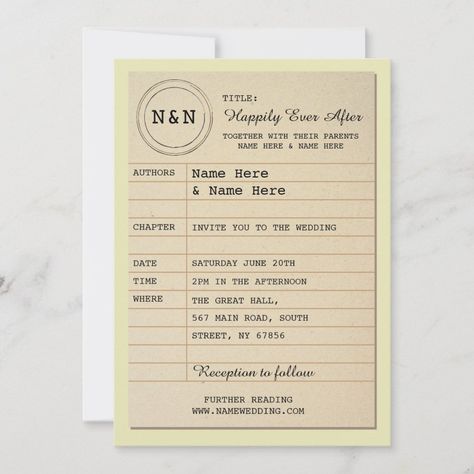 Library Wedding Invitation Book Theme Invite  Zazzle Library Card Wedding Invitations, Library Wedding Invitations, Book Lovers Wedding, Book Birthday Parties, Book Themed Wedding, Literary Wedding, Book Theme, Library Wedding, Wedding Gifts For Parents