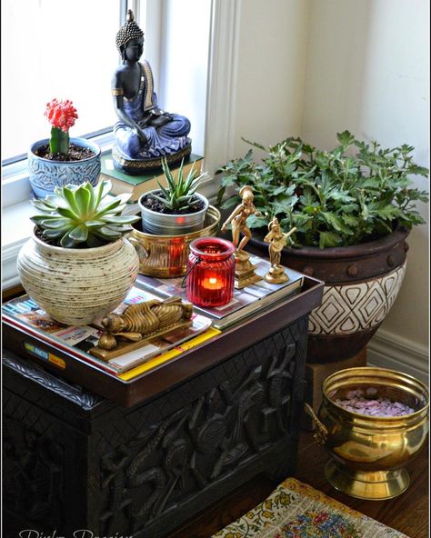 Indoor garden, zen place, Buddha corner, indoor plants styling, interiors with plants, zen corner, peaceful corner, green corner, global decor Plants Styling, Alter Ideas, Brass Bucket, Zen Corner, Zen Place, Green Corner, Indoor Plants Styling, Interior Room Decoration, Outdoors Indoors