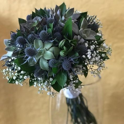 Bridal bouquet of Succulents, Eryngium and Babies Breath. Eryngium Bouquet, Succulent Bridal Bouquet, Babies Breath, Hand Tied Bouquet, Baby S Breath, Bridal Bouquets, Something Blue, Wedding Bouquet, Winter Wedding