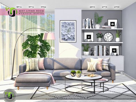 NynaeveDesign's Mist Living Room The Sims Houses, Mod Living Room, Living Room Sims 4, Sims 4 Cc Furniture Living Rooms, Die Sims 4, Furnitur Ruang Keluarga, Mod Furniture, Sims 4 Bedroom, Sims 4 House Design